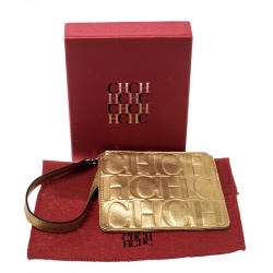 Pre Owned Carolina Herrera Gold Monogram Leather Wristlet Pouch