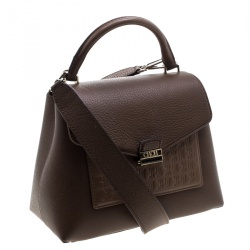 Pre Owned Carolina Herrera Brown Monogram Leather Top Handle Bag