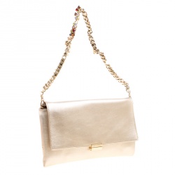 Pre Owned Carolina Herrera Gold Leather Jewel Chain Shoulder Bag