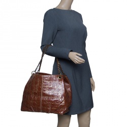 Pre Owned Carolina Herrera Copper Monogram Leather Chain Tote