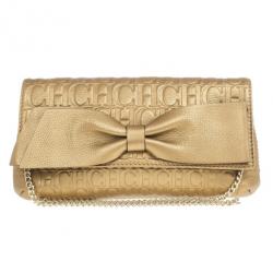 Pre Owned Carolina Herrera Gold Monogram Embossed Bow Bag