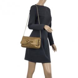 Pre Owned Carolina Herrera Gold Monogram Embossed Bow Bag