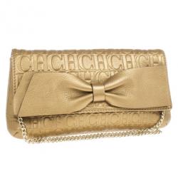 Pre Owned Carolina Herrera Gold Monogram Embossed Bow Bag