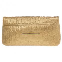 Pre Owned Carolina Herrera Gold Monogram Embossed Bow Bag