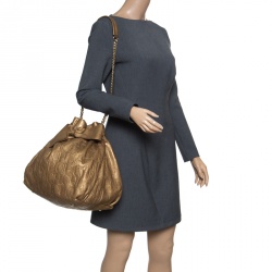 Carolina Herrera Gold Monogram Embossed Leather Bow Bucket Hobo
