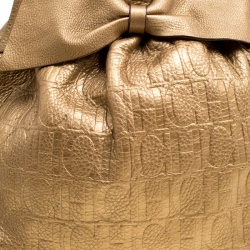 Carolina Herrera Gold Monogram Embossed Leather Bow Bucket Hobo
