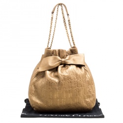 Carolina Herrera Gold Monogram Embossed Leather Bow Bucket Hobo