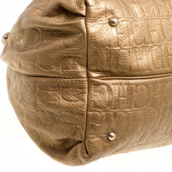 Carolina Herrera Gold Monogram Embossed Leather Bow Bucket Hobo