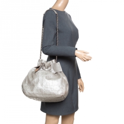 Carolina Herrera Silver Monogram Embossed Leather Bow Bucket Shoulder Bag