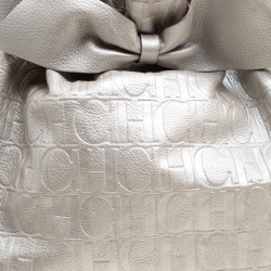 Carolina Herrera Silver Monogram Embossed Leather Bow Bucket Shoulder Bag