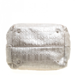 Carolina Herrera Silver Monogram Embossed Leather Bow Bucket Shoulder Bag