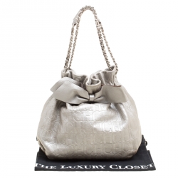 Carolina Herrera Silver Monogram Embossed Leather Bow Bucket Shoulder Bag