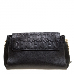 Pre Owned Carolina Herrera Black Nubuck and Monogram Leather Shoulder Bag