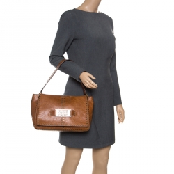 Pre Owned Carolina Herrera Brown Leather Studded Shoulder Bag