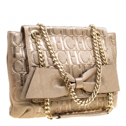 Pre Owned Carolina Herrera Gold Monogram Leather Audrey Shoulder Bag