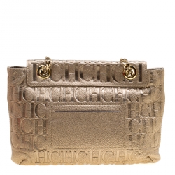 Pre Owned Carolina Herrera Gold Monogram Leather Audrey Shoulder Bag