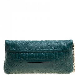 Pre Owned Carolina Herrera Green Monogram Leather Bow Clutch