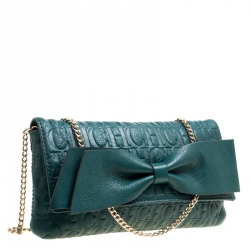 Pre Owned Carolina Herrera Green Monogram Leather Bow Clutch