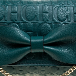 Pre Owned Carolina Herrera Green Monogram Leather Bow Clutch