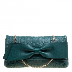 Pre Owned Carolina Herrera Green Monogram Leather Bow Clutch