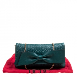 Pre Owned Carolina Herrera Green Monogram Leather Bow Clutch