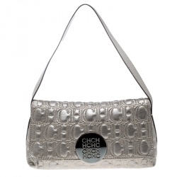 Pre Owned Carolina Herrera Metallic Grey Monogram Leather Shoulder Bag