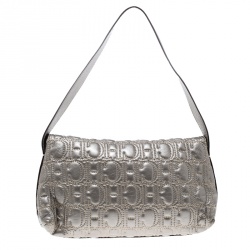 Pre Owned Carolina Herrera Metallic Grey Monogram Leather Shoulder Bag