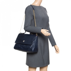 Pre Owned Carolina Herrera Blue Leather Minuetto Top Handle Flap Shoulder Bag