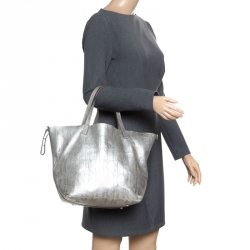 Pre Owned Carolina Herrera Silver Monogram Leather Matryoshka Tote