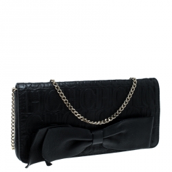 Pre Owned Carolina Herrera Black Monogram Embossed Bow Shoulder Bag
