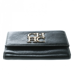 Pre Owned Carolina Herrera Black Leather Tri Fold Compact Wallet