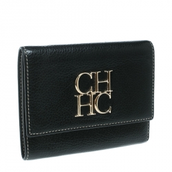 Pre Owned Carolina Herrera Black Leather Tri Fold Compact Wallet