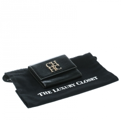 Pre Owned Carolina Herrera Black Leather Tri Fold Compact Wallet