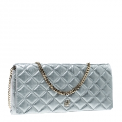 Pre Owned Carolina Herrera Metallic Silver Quilted Leather Chain Clutch