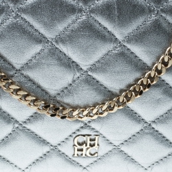 Pre Owned Carolina Herrera Metallic Silver Quilted Leather Chain Clutch