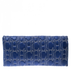 Pre Owned Carolina Herrera Blue Monogram Leather Jerry Clutch 