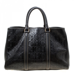 Pre Owned Carolina Herrera Black Monogram Leather Matteo Tote