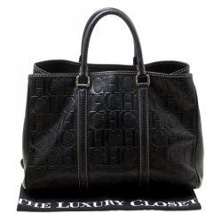 Pre Owned Carolina Herrera Black Monogram Leather Matteo Tote
