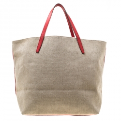 Pre Owned Carolina Herrera Beige/Red Canvas and Leather Shopper Tote