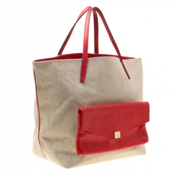 Pre Owned Carolina Herrera Beige/Red Canvas and Leather Shopper Tote