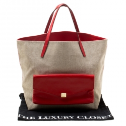 Pre Owned Carolina Herrera Beige/Red Canvas and Leather Shopper Tote