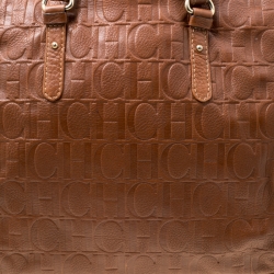 Pre Owned Carolina Herrera Brown Monogram Leather Shopper Tote