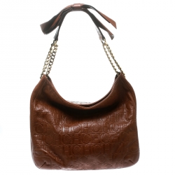 Pre Owned Carolina Herrera Brown Monogram Leather Bow Hobo