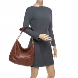 Pre Owned Carolina Herrera Brown Monogram Leather Bow Hobo