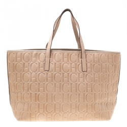 Pre Owned Carolina Herrera Beige Monogram Leather Shopper Tote