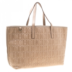 Pre Owned Carolina Herrera Beige Monogram Leather Shopper Tote