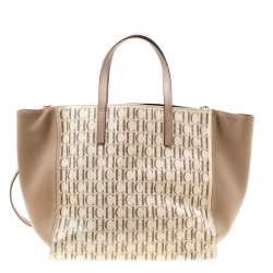 Pre Owned Carolina Herrera Beige/Off White Monogram Canvas and Leather Shopper Tote