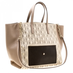 Pre Owned Carolina Herrera Beige/Off White Monogram Canvas and Leather Shopper Tote