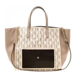 Pre Owned Carolina Herrera Beige/Off White Monogram Canvas and Leather Shopper Tote