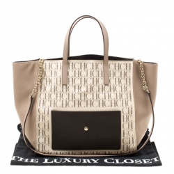 Pre Owned Carolina Herrera Beige/Off White Monogram Canvas and Leather Shopper Tote